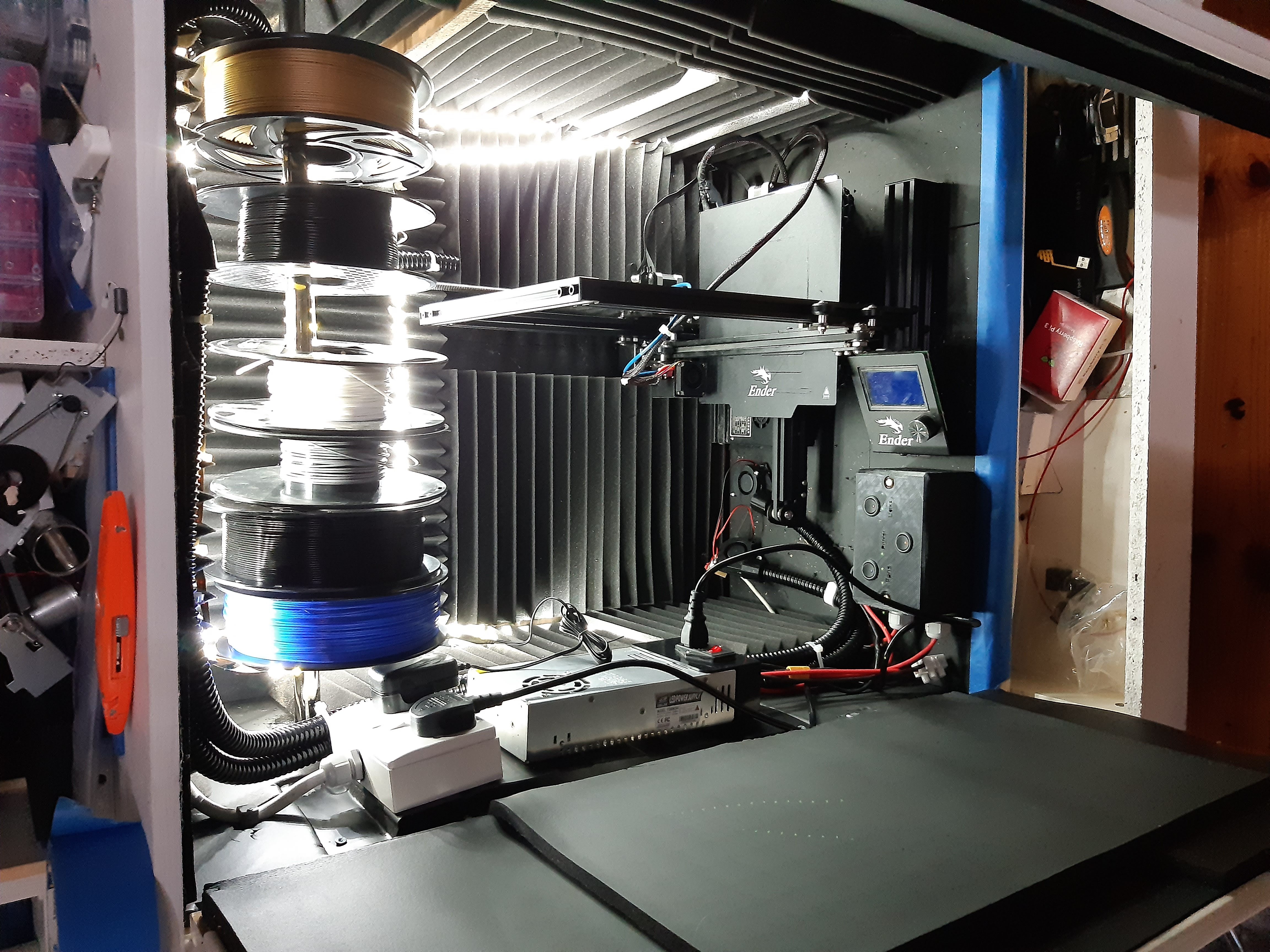 Inside view of the cabinet with the 3D printer installed